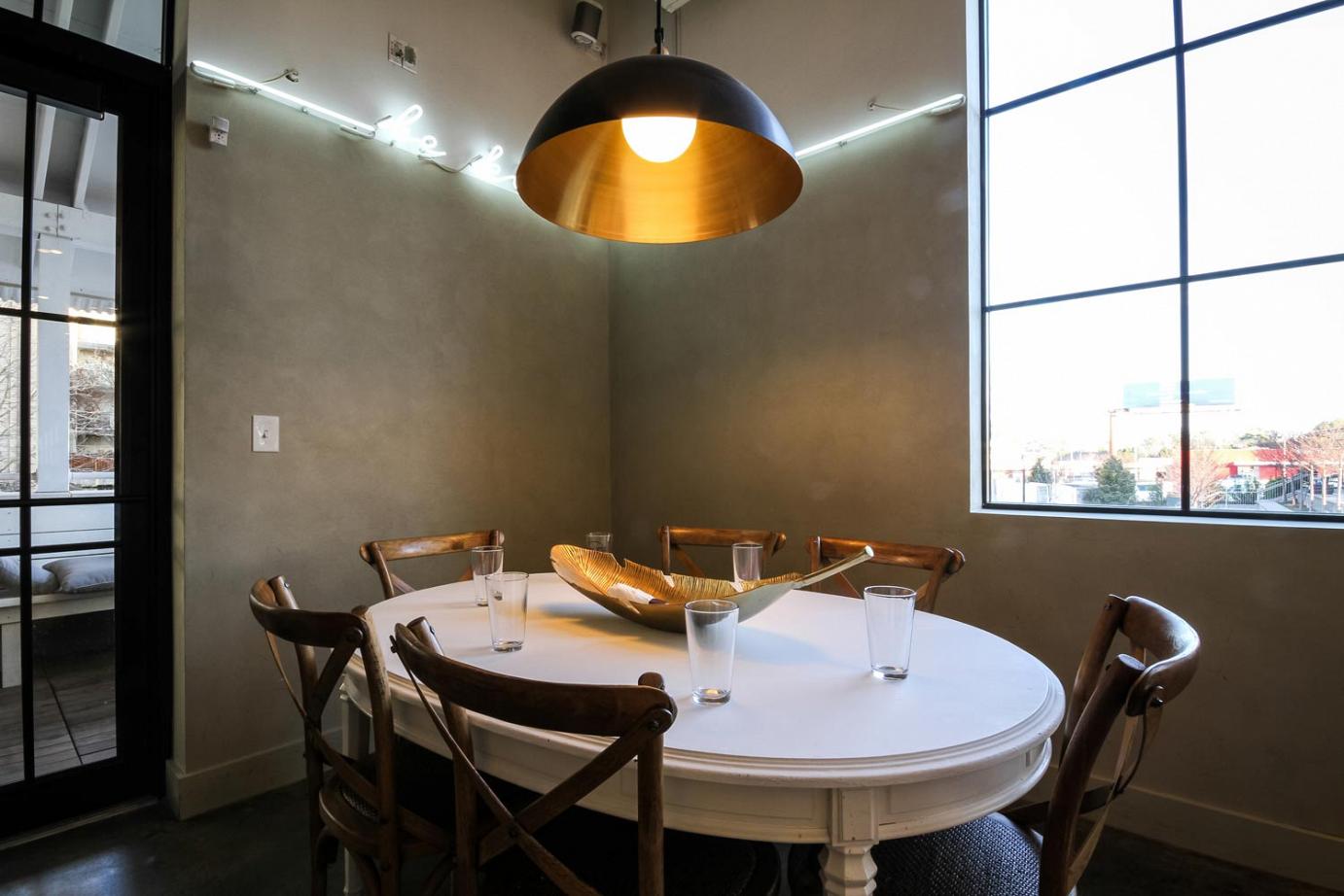 white table, six wooden chairs